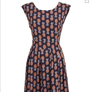 Pineapple Printed Belted A-Line Dress Retro Style